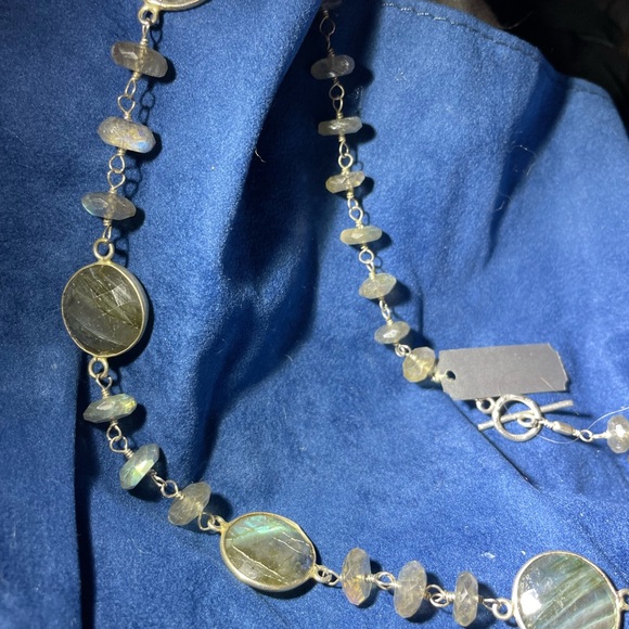 36” sterling handmade necklace with round and disk shaped faceted labradorite. - Picture 7 of 12